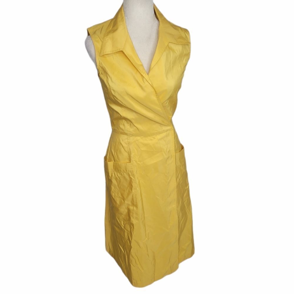 VINTAGE 90s dress yellow sleeveless‎ collared cotton wrap S